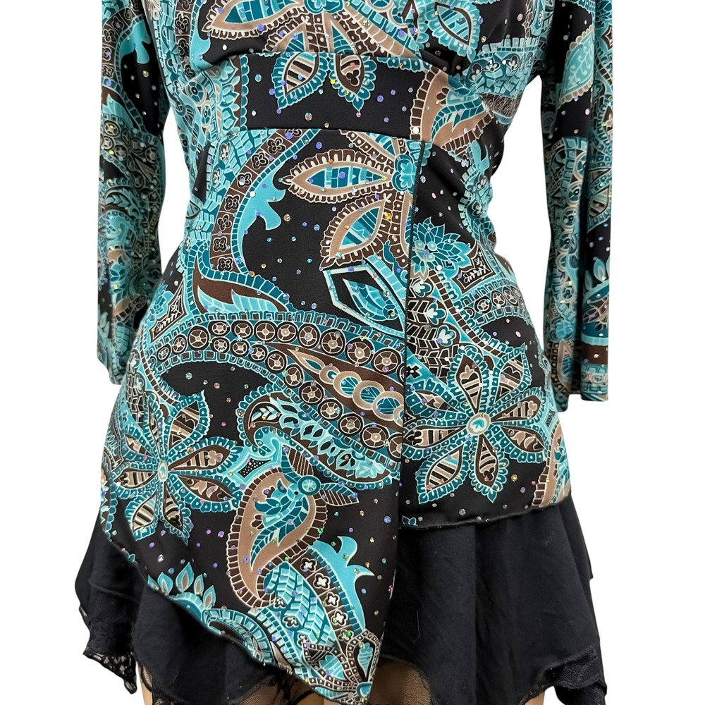 90s Retro Sequin Teal Paisley Wrap Top Asymmetrical Hem 80s Glamoratti Size M - Picture 5 of 8